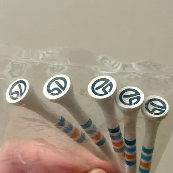 Straight Down White Wooden Golf Tees with Blue, Orange, and Green Stripes 2.75in - Picture 2 of 4